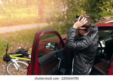 Driver Man While Parking Knocked Down Woman On Bicycle Crash. Cyclist Hit By Car Accident.