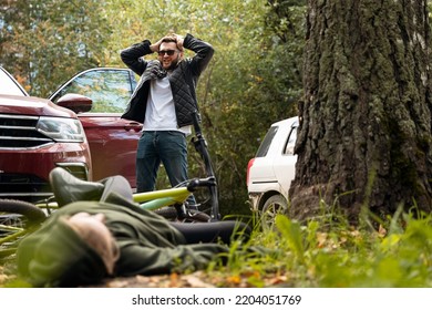 Driver Man While Parking Knocked Down Woman On Bicycle Crash. Cyclist Hit By Car Accident.