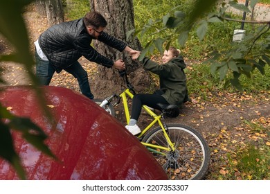 Driver Man While Parking Knocked Down Woman On Bicycle Crash. Cyclist Hit By Car Accident.