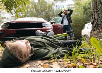 Driver Man While Parking Knocked Down Woman On Bicycle Crash. Cyclist Hit By Car Accident.