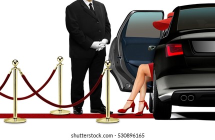 Driver Opening Black Limousine Door For Women In Red Dress 