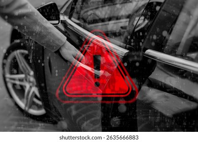 A driver opens a door in a modern vehicle with a red warning sign and an overhead digital code. Concept of cybersecurity risks, hacking threats and digital security