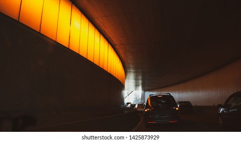 Driver POV Point Of View Personal Perspective At The Traffic Jam Front Driving Cars Inside The Tunnels Of Paris Peripherique Ring Road