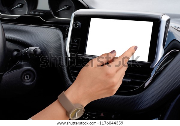 Driver\
touching isolated white screen in car.\
Mockup