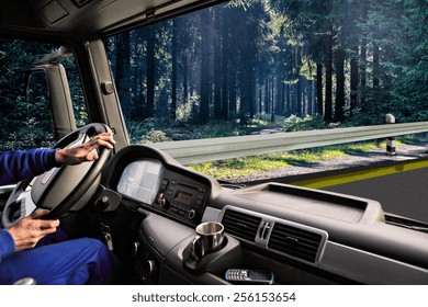 Driver View From The Cockpit Of A Truck On The Road