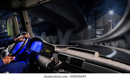 Driver View From The Cockpit Of A Truck On The Road By Night