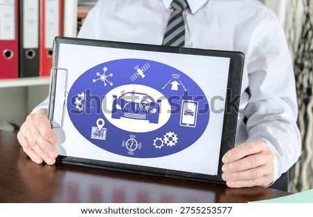 Driverless car concept shown by a businessman