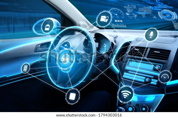 Driverless car interior with futuristic dashboard for
autonomous control system . Inside view of cockpit HUD technology
using AI artificial intelligence sensor to drive car without people
driver .