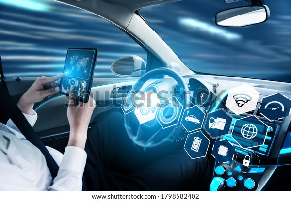 Driverless car interior with futuristic dashboard for\
autonomous control system . Inside view of cockpit HUD technology\
using AI artificial intelligence sensor to drive car without people\
driver .