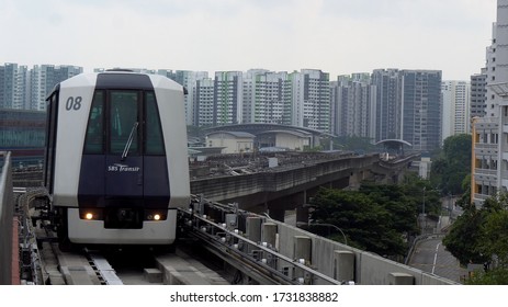 Driverless LRT Train on Elevated Tracks in City of Singapore - August, 2019