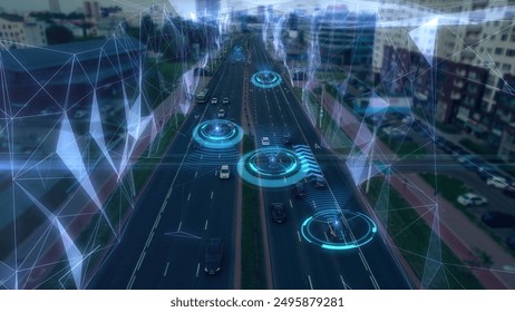 Driverless smart transportation. Self-driving robotic cars controlled by AI move along a city road, scanning the road and surroundings. Aerial view with added HUD elements.  - Powered by Shutterstock - Get 15% off with code: PIKWIZARD15