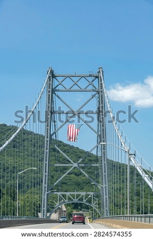 Drivers perspective view of Bear Mountain Bridge (Purple Heart Veterans Memorial Bridge) in New York State, USA a toll suspension bridge over the Hudson River with Routes 6 and 202
