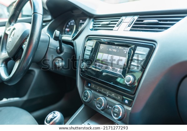 Driver\'s seat of the car.interior car. open car\
doors.Close up.