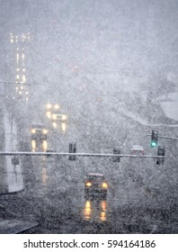 Driving In Blizzard Winter Storm Dangerous Traffic Traveling 