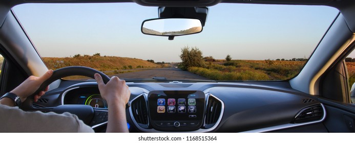 Driving A Car. Freeway Driving. View Of The Driver. 
View From The Car.