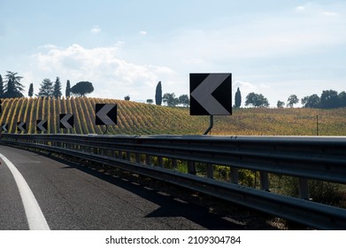 Driving Car On Italian Highway With View On Chianti Vineyards On Hills In Tuscany, Italy