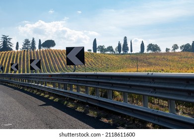 Driving Car On Italian Highway With View On Chianti Vineyards On Hills In Tuscany, Italy