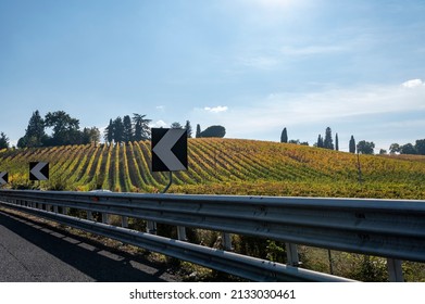 Driving Car On Italian Highway With View On Chianti Vineyards On Hills In Tuscany, Italy