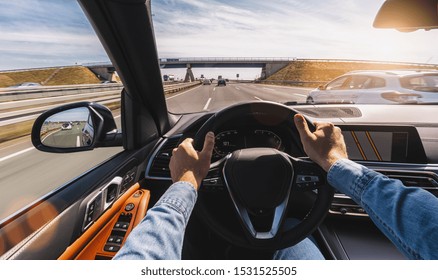 Driving car pov on a highway - Point of View, first person perspective