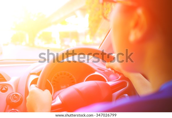 Driving car with shining\
light.