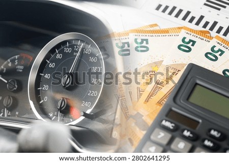 Driving costs continue to rise with speedometer euro banknotes and calculator illustrating vehicle expenses. Transportation budget planning concept with financial background for fuel costs.