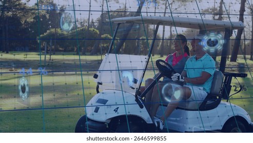 Driving couple gripping white golf cart steering wheel in golf glove on fairway, holographic icons. Recreation, partnership, technology, outdoor, leisure, digital interface, lifestyle - Powered by Shutterstock - Get 15% off with code: PIKWIZARD15