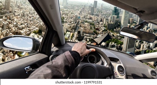 Driving a flying car to solve traffic problem, photo manipulation - Shutterstock ID 1199791531