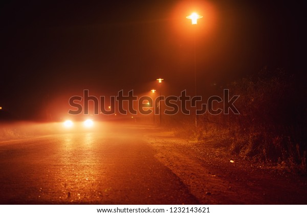 Driving at a foggy mist dark\
evening on a empty lonely road with glow from the street lights.\
Car light trails on a countryside road. Braunschweig,\
Germany