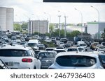 Driving in heavy summer traffic on ring road of capital of France, traffic jam and transportation problems in Paris