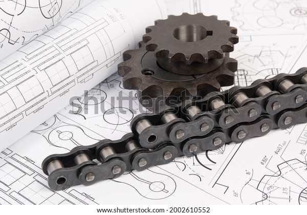 Driving industrial roller chain and sprocket on\
a print engineering\
drawings