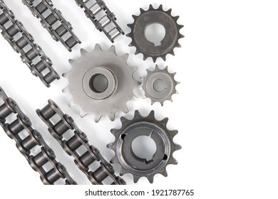 Driving industrial roller chain and sprockets. Top view with copy space