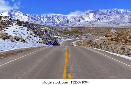 Driving Into The Spring Mountains, Near Las Vegas Nevada After Fresh Snowfall, A Popular Place For Skiing, Hiking And Mountain Climbing