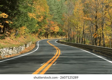 Driving The Mohawk Trail through fall foliage in The Berkshires, Massachusetts