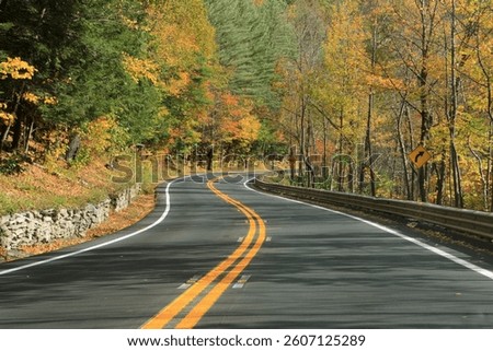Driving The Mohawk Trail through fall foliage in The Berkshires, Massachusetts