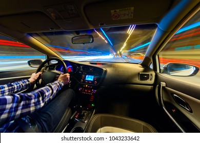 Driving In Night Scenery, Hands On Steering Wheel, Night Rain Time