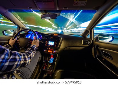 Driving In Night Scenery, Hands On Steering Wheel, Night Rain Time