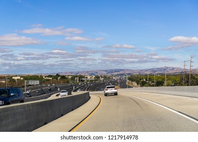 Driving On The Express Lane To Switch Between Highways; Highway 880 Visible In The Background, South San Francisco Bay, California