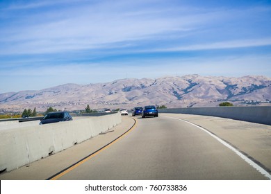 Driving On The Express Lane To Switch Between Highways; Mission Peak, Monument Peak And Allison Peak In The Background; Milpitas, South San Francisco Bay, California