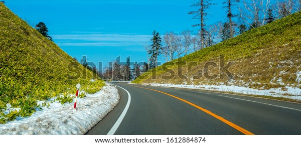 Driving on family road trip in Hokkaido, Japan on empty\
road with white snow on the side way. Empty snowy road with green\
trees on the side and mountain with bright blue sky in the\
background. 