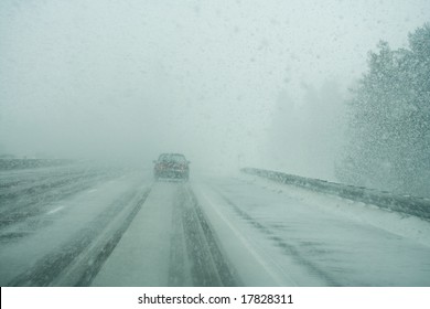 Driving On Highway In Heavy Snow Storm