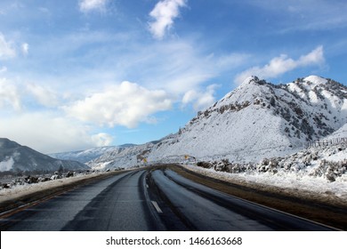 Driving On The Highway Into The Snow Capped Rocky Mountains, From Denver To Glenwood Springs, Colorado, USA. Adventure, Active Lifestyle, Winter Vacation, Sport, Road Trip, Journey, Travel Destination