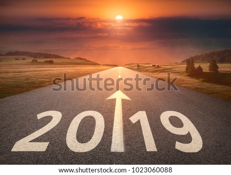 Driving on idyllic open road against the setting sun forward to new year 2019. Concept for success and future.
