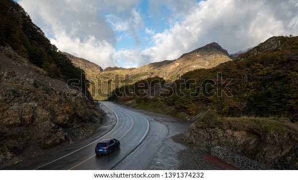 Driving on the main route to the city of\
Ushuaia, Argentina