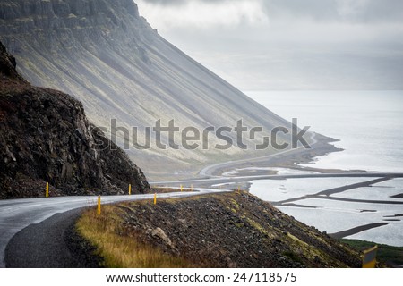 Driving on the road in the remote and wild Westfjords of Iceland 