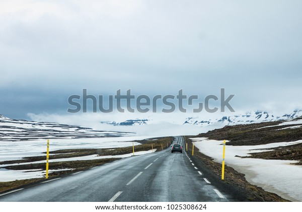 Driving on Route 93 in Iceland\
Connecting the Eastern Fjords of Egilsstaðir and\
Seydisfjordur
