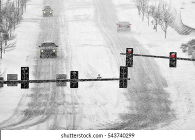 Driving On Snow And Snowy Roads In Winter Traffic Lights Blizzard