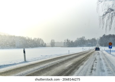 Driving On A Winter Road In Sweden, Scandinavian Way Of Living, Snow Fall, Cold, Freezing Weather, Drive, Speed Limit, Dangerous Path, Countryside, Frozen Surface, Traffic, Signs, Lights, North, Polar