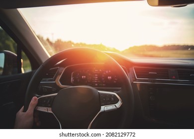 Driving One Hand Car Pov On Road - View First Person Perspective, Sunlight.