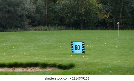 Driving Range For Golfers, Impact Point 50 Meters. Practice Meadow. Number Fifty. 