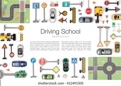 Driving School Concept. Road Signs And Cars On White Background. Flat Lay Frame Composition With Copy Space Top View